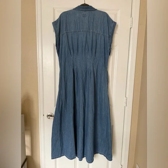 Gap Fit and Flare Midi Shirt Dress Pleat Waist Denim Roll Cuff Medium Wash XLT - Picture 3 of 12